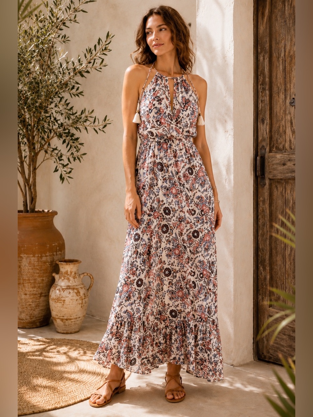 AMERICAN EAGLE Pink Cream Paisley Floral Keyhole Tassel Maxi Dress Halter Boho